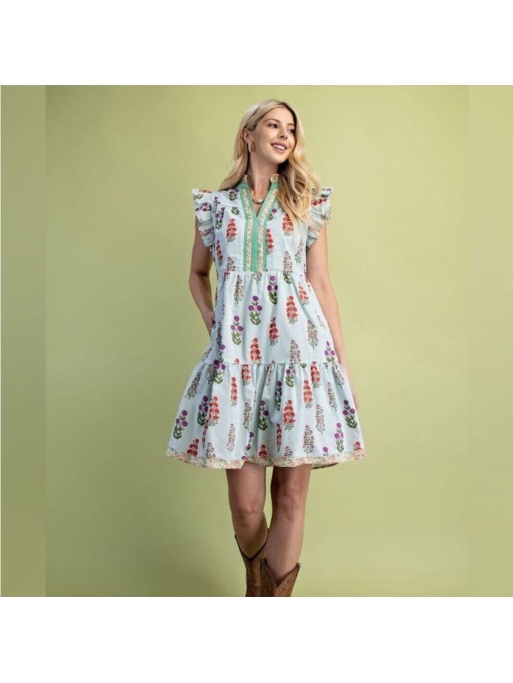 Gigio Floral Ruffle Sleeve Dress Mixed Media Mini Dress 100% Cotton Size Small - Picture 1 of 10